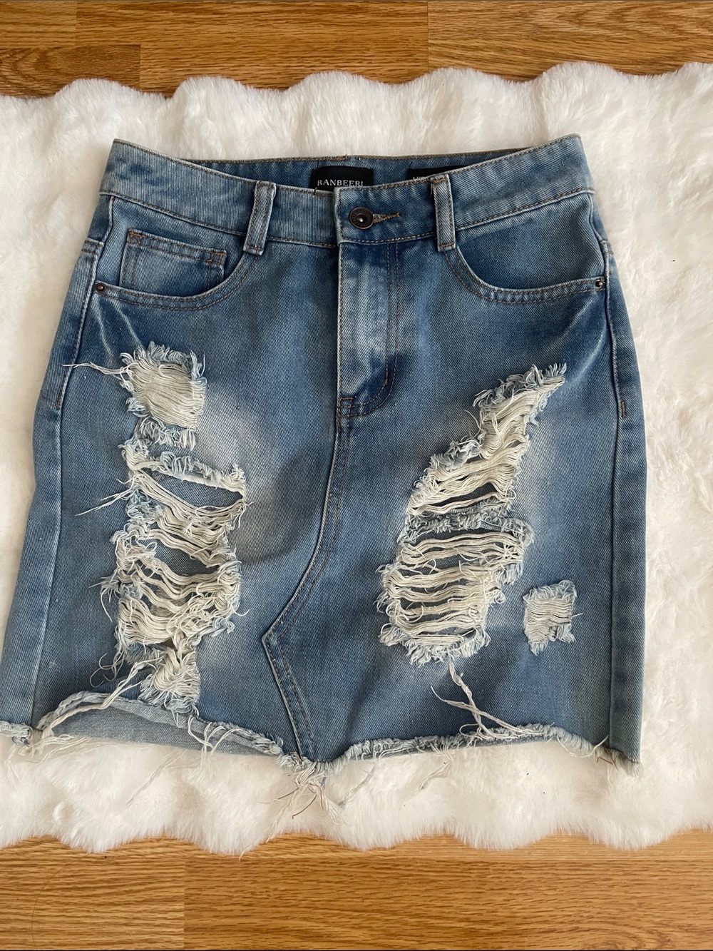 Distressed Denim Mini Skirt - Light Blue